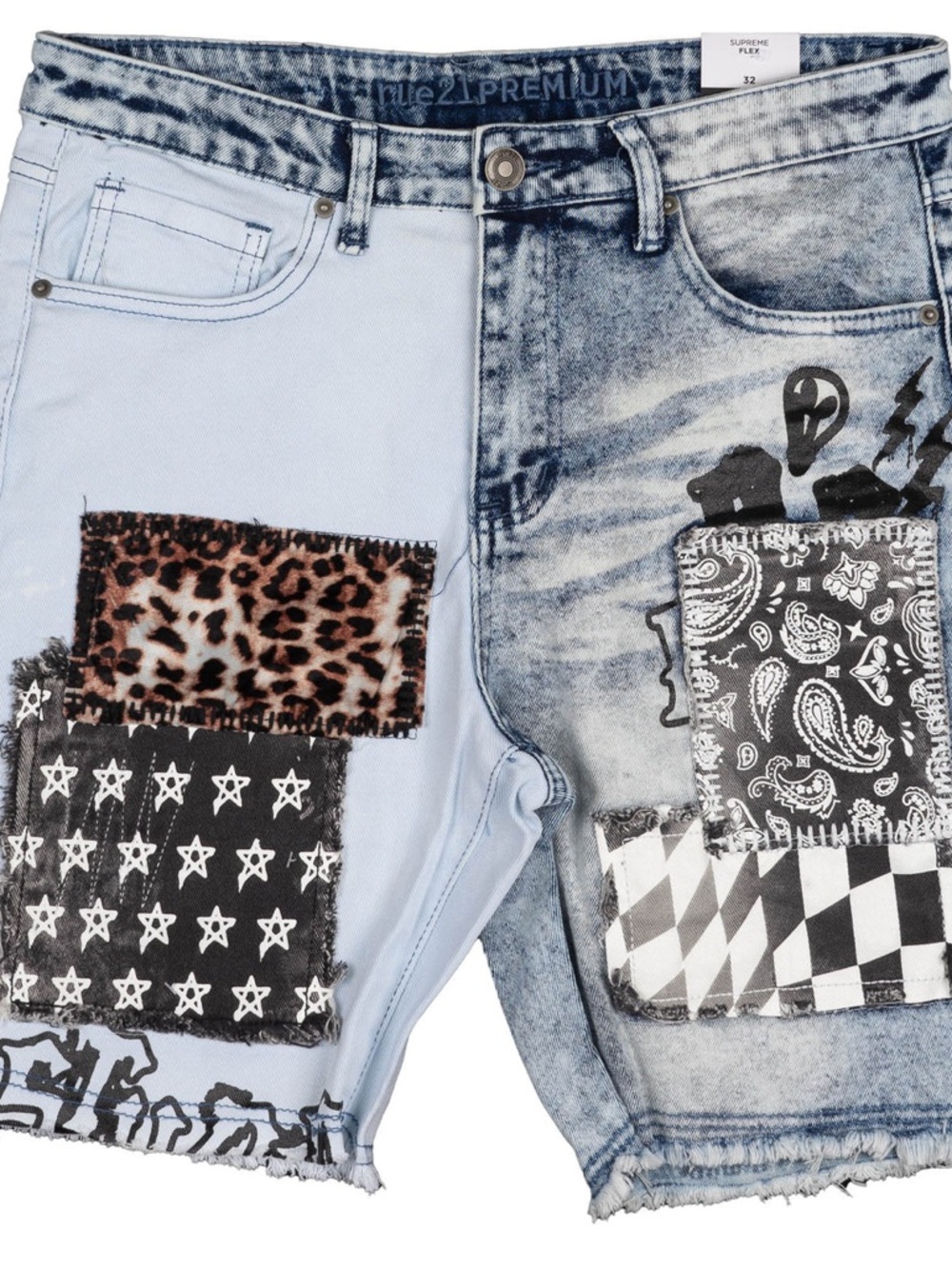Rue21 Two-Tone Distressed Patchwork Denim Shorts - Light Blue & Gray